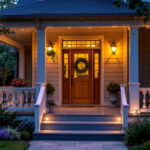 A photograph of a beautifully illuminated porch featuring a variety of stylish porch lights in different designs