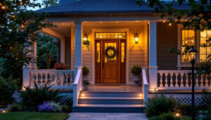 A photograph of a beautifully illuminated porch featuring a variety of stylish porch lights in different designs