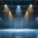 A photograph of a well-lit industrial space featuring high bay led lights in action