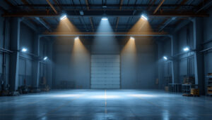A photograph of a well-lit industrial space featuring high bay led lights in action