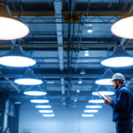 A photograph of a well-lit industrial space showcasing various led high bay lights in use