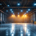 A photograph of a well-lit industrial space showcasing 400 watt led high bay lights in action