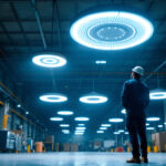 A photograph of a well-lit industrial space showcasing ufo led high bay lights in action