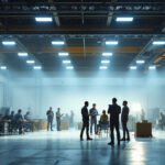 A photograph of a well-lit industrial space featuring high bay lights in action