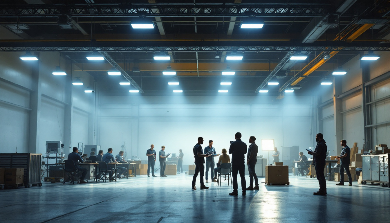 A photograph of a well-lit industrial space featuring high bay lights in action