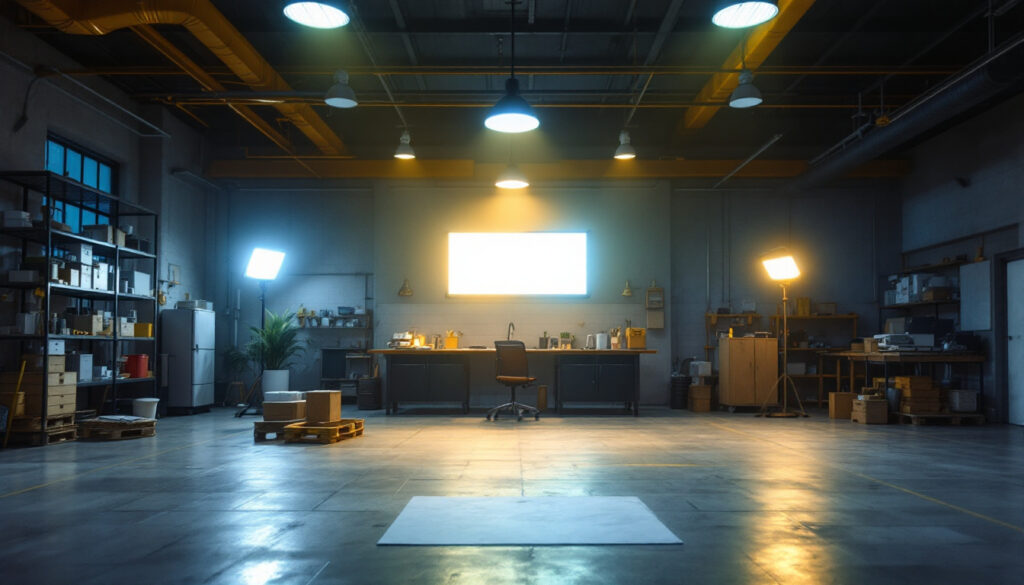 A photograph of a well-lit industrial workspace featuring high bay led shop lights in action