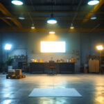 A photograph of a well-lit industrial workspace featuring high bay led shop lights in action