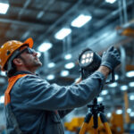 A photograph of a lighting contractor expertly installing or adjusting modern led factory lights in a spacious industrial setting