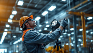 A photograph of a lighting contractor expertly installing or adjusting modern led factory lights in a spacious industrial setting
