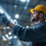 A photograph of a lighting contractor expertly installing or adjusting warehouse led lights in a spacious