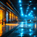 A photograph of a spacious warehouse interior illuminated by bright