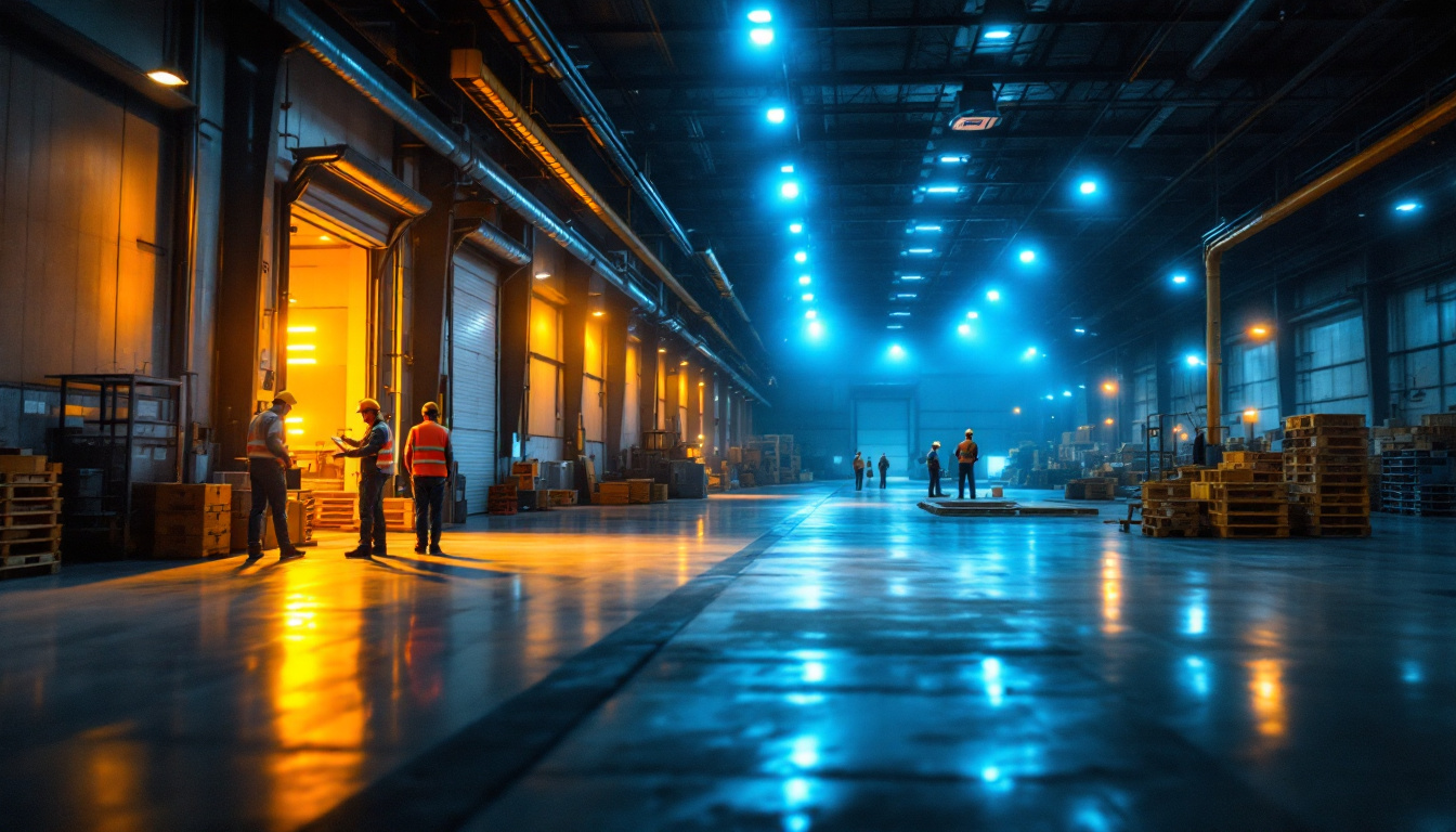 A photograph of a spacious warehouse interior illuminated by bright