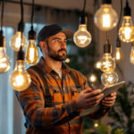 A photograph of a lighting contractor in action