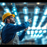 A photograph of a lighting contractor inspecting a vibrant array of industrial led lights in a warehouse setting