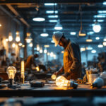 A photograph of a well-lit industrial workspace featuring various types of led bulbs in use