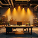 A photograph of a modern industrial space illuminated by sleek led spotlights