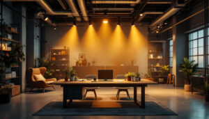 A photograph of a modern industrial space illuminated by sleek led spotlights