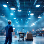 A photograph of a well-lit warehouse interior showcasing various types of lighting fixtures in use