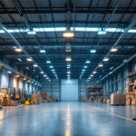 A photograph of a well-lit commercial warehouse interior showcasing various lighting fixtures in use