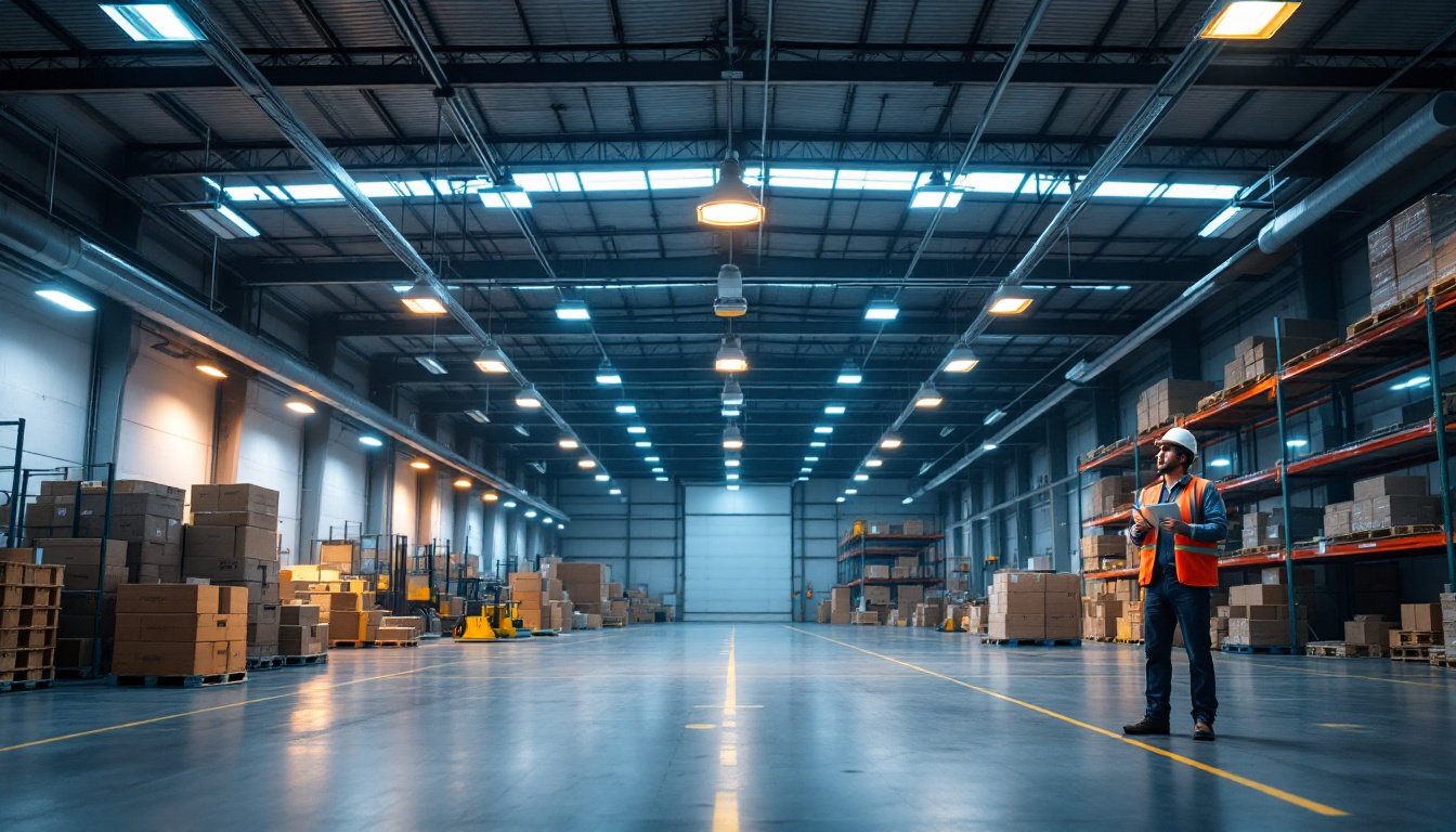 A photograph of a well-lit commercial warehouse interior showcasing various lighting fixtures in use
