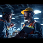 A photograph of a lighting contractor inspecting a large commercial space