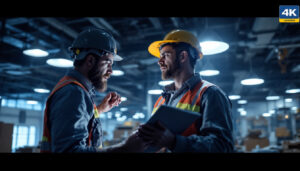 A photograph of a lighting contractor inspecting a large commercial space