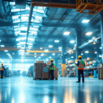 A photograph of a well-lit industrial warehouse interior showcasing efficient lighting solutions