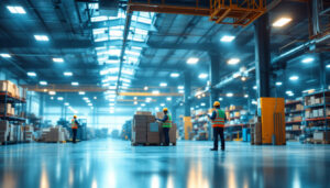 A photograph of a well-lit industrial warehouse interior showcasing efficient lighting solutions