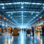 A photograph of a well-lit industrial warehouse showcasing led lighting installations