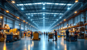 A photograph of a well-lit industrial warehouse showcasing led lighting installations