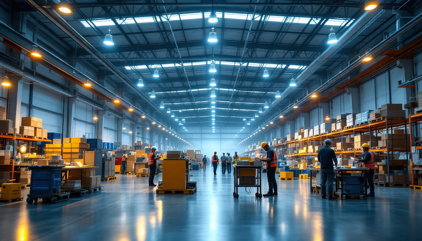 A photograph of a well-lit industrial warehouse showcasing led lighting installations