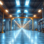 A photograph of a brightly lit warehouse interior showcasing various warehouse led light fixtures in action