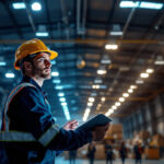 A photograph of a lighting contractor examining an industrial led fixture installation in a warehouse setting