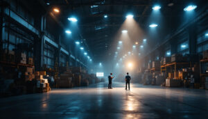 A photograph of a well-lit industrial warehouse showcasing various lighting fixtures in action
