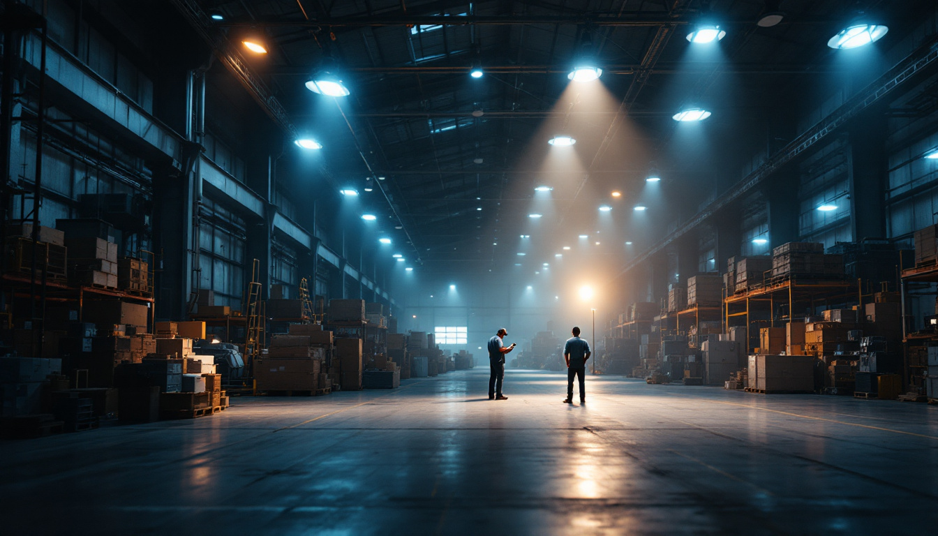 A photograph of a well-lit industrial warehouse showcasing various lighting fixtures in action
