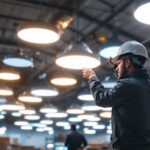 A photograph of a brightly lit warehouse interior showcasing various led fixtures in use