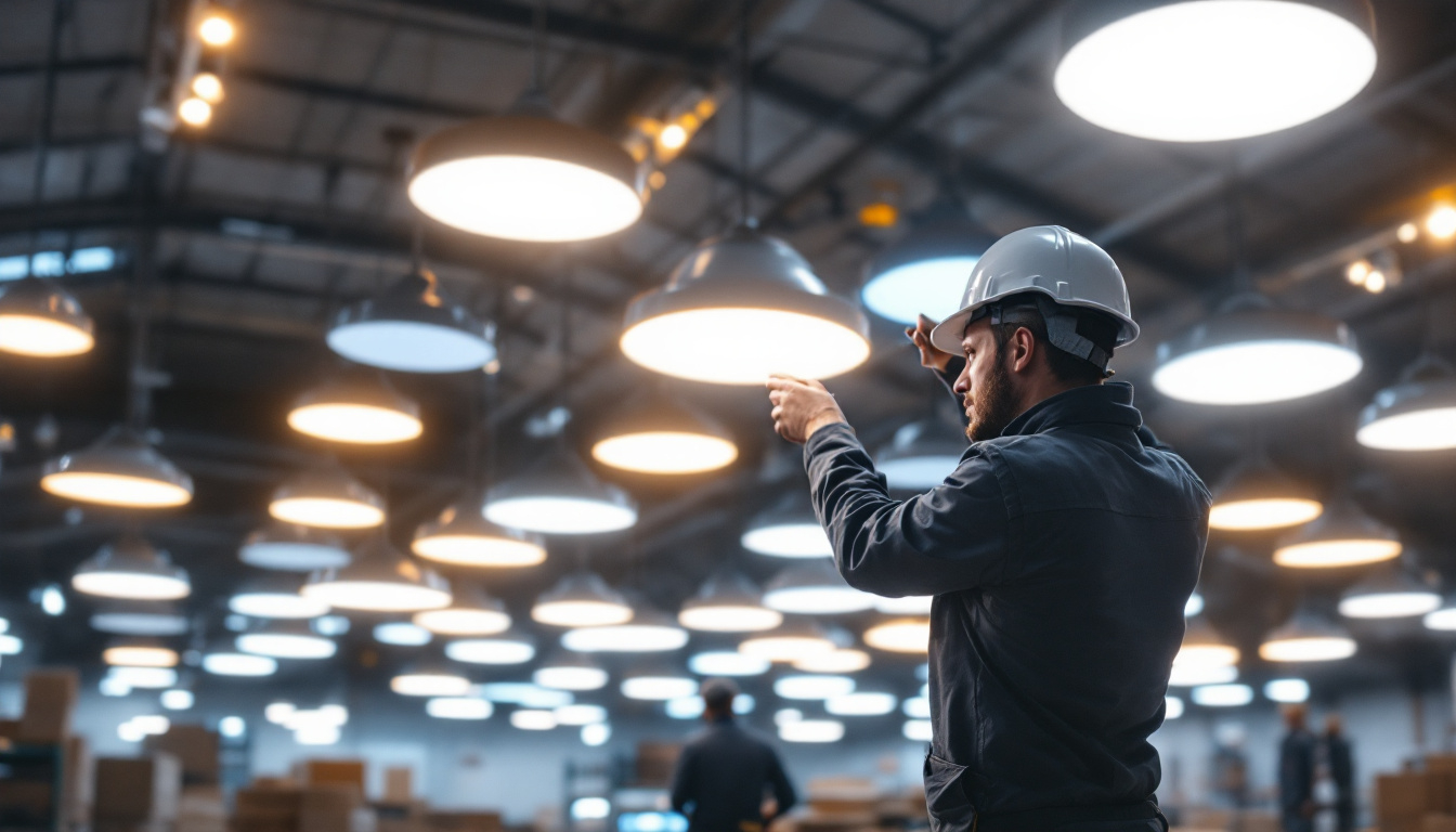 A photograph of a brightly lit warehouse interior showcasing various led fixtures in use