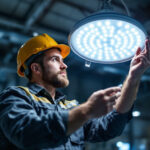 A photograph of a lighting contractor examining a poorly installed industrial led fixture in a warehouse setting