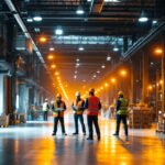 A photograph of a modern warehouse interior showcasing bright