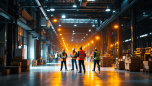 A photograph of a modern warehouse interior showcasing bright