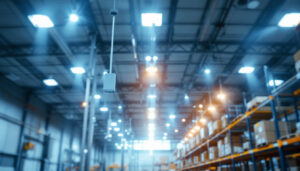 A photograph of a well-lit commercial warehouse interior showcasing various lighting fixtures in use