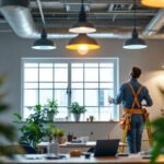 A photograph of a lighting contractor installing energy-efficient led fixtures in a commercial setting