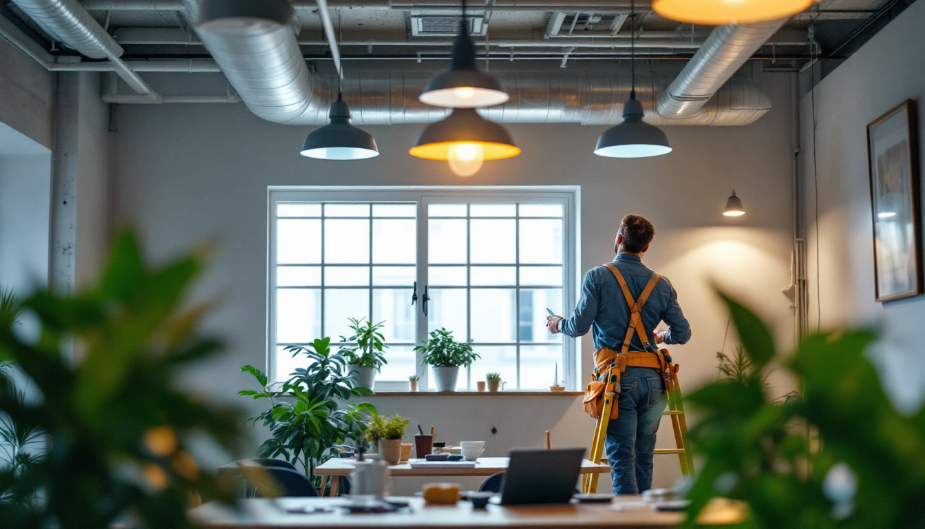 A photograph of a lighting contractor installing energy-efficient led fixtures in a commercial setting