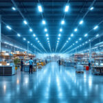 A photograph of a well-organized warehouse interior showcasing efficient lighting solutions