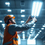 A photograph of a lighting contractor installing or adjusting high bay led lights in a large industrial or commercial space