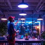 A photograph of a lighting contractor installing ufo led lights in a modern workspace