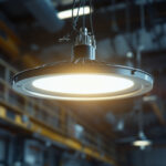 A photograph of a modern high bay light fixture installed in an industrial setting