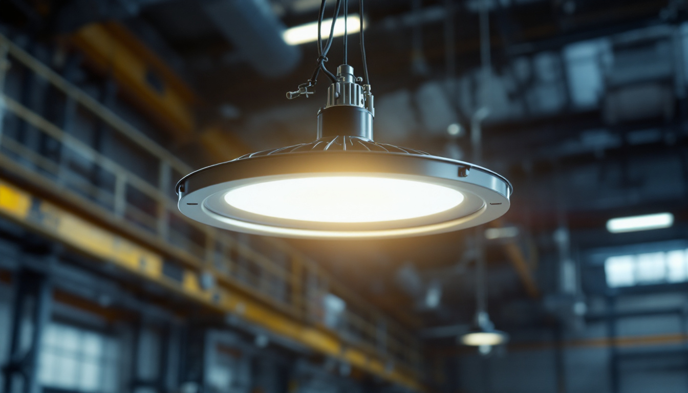 A photograph of a modern high bay light fixture installed in an industrial setting