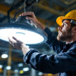 A photograph of a lighting contractor installing or inspecting a ufo led high bay light in an industrial or commercial setting