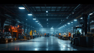 A photograph of a well-lit industrial space showcasing high bay led lights in action